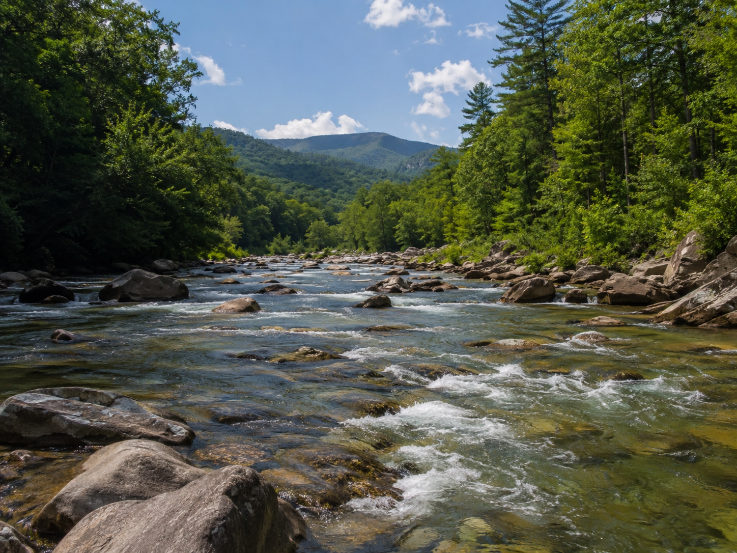 Rocky North Georgia trout stream below mountain ridges